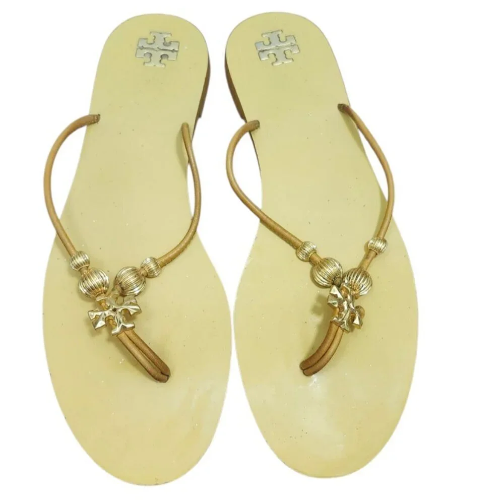 Tory Burch Women Leather Thong Sandals Gold Logo Beads Tan Flat Flip Flop Sze10M